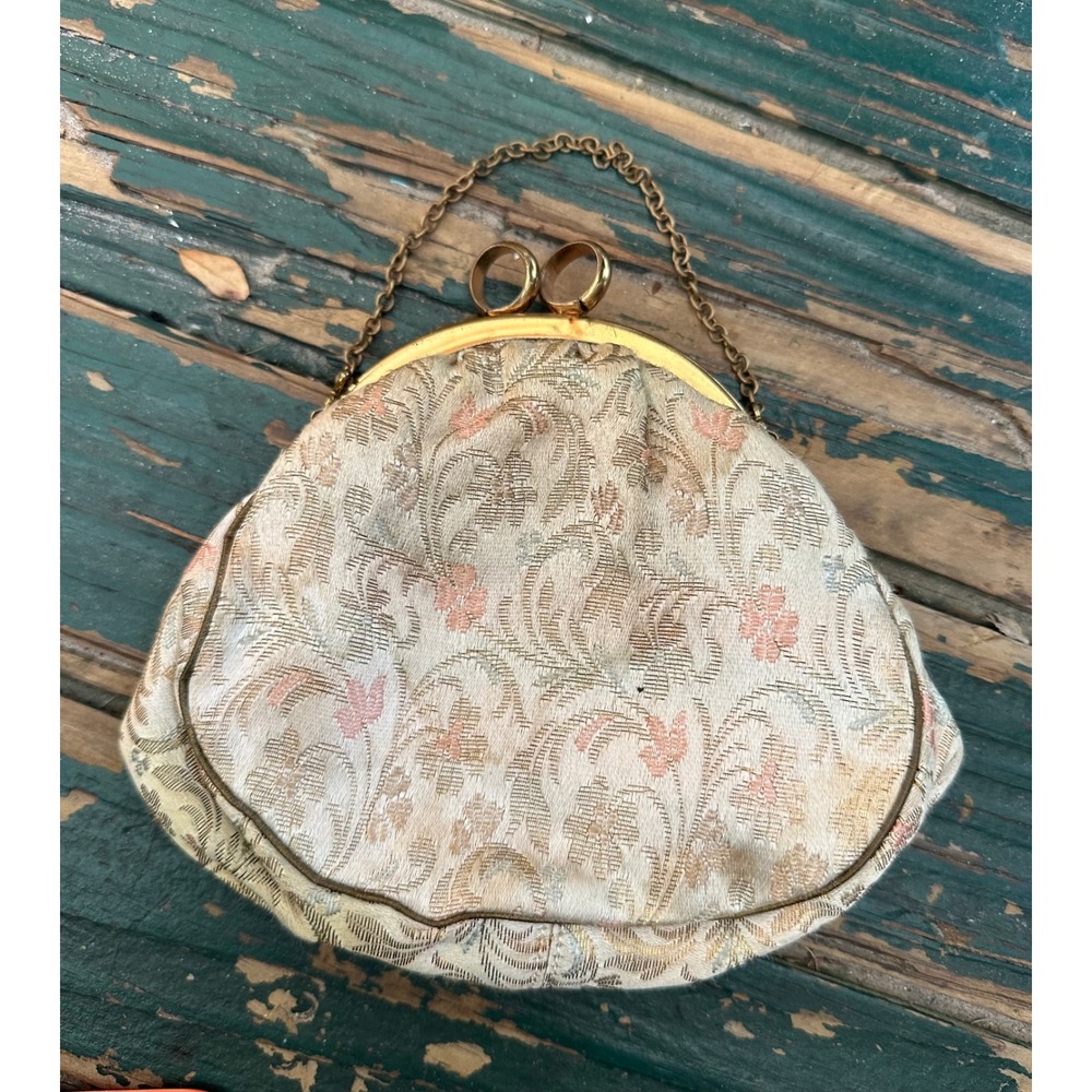 Vintage Floral Tapestry Evening Bag Gold Frame Kiss Lock Chain Strap A4280